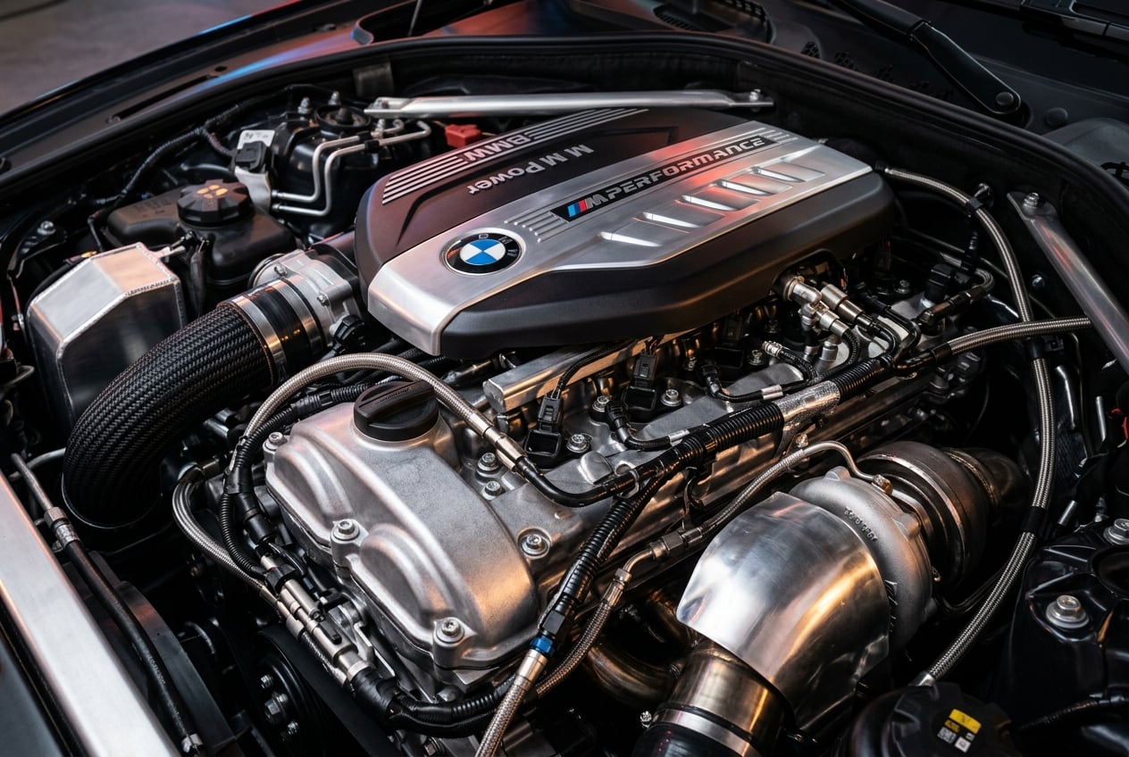 Gepflegter BMW Motorraum in der Werkstatt